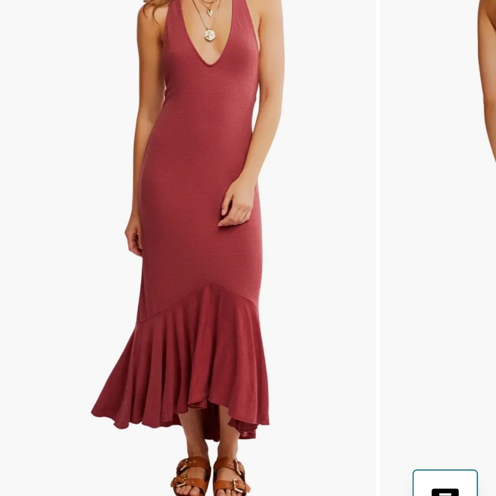 Free People Deep V-Neck Ruffled Midi Dress in Burgundy